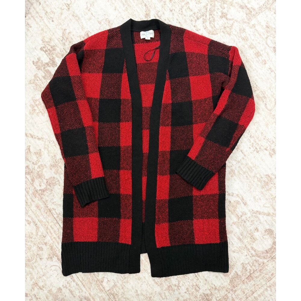 Jun & Ivy Red Black Buffalo Plaid Open Front Long Duster Cardigan Sweater M